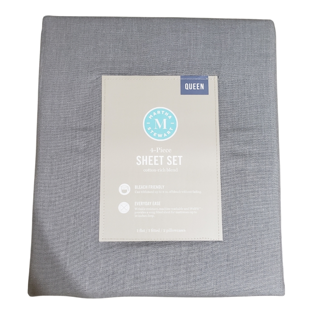 Martha Stewart Bleach Master 4-piece Queen Sheet Set Gray NWT!